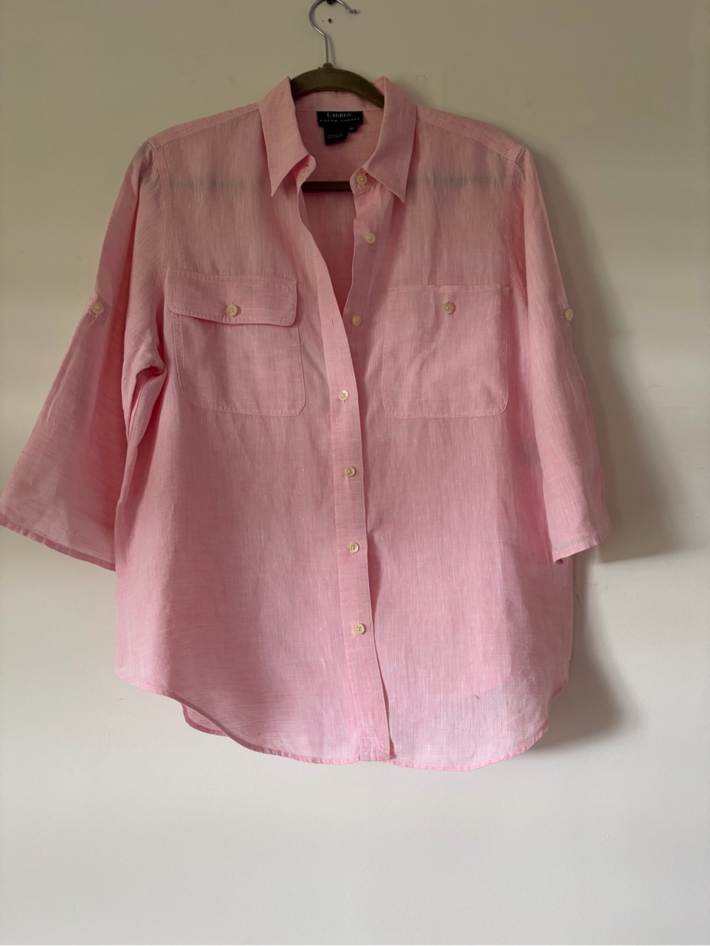 Lauren Ralph Lauren 100% linen button down blouse top 3/4 sleeve roll tab 1X